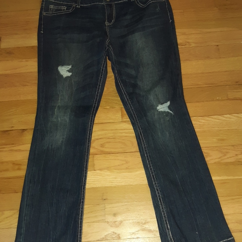 Maurices dark wash destroyed bootcut Jean's.